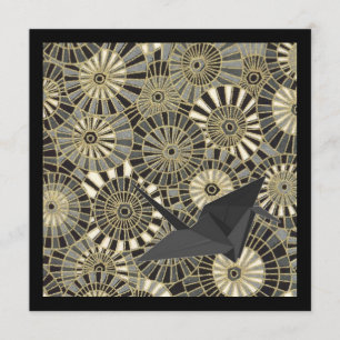 lucky crane gold japanese fan pattern invitation