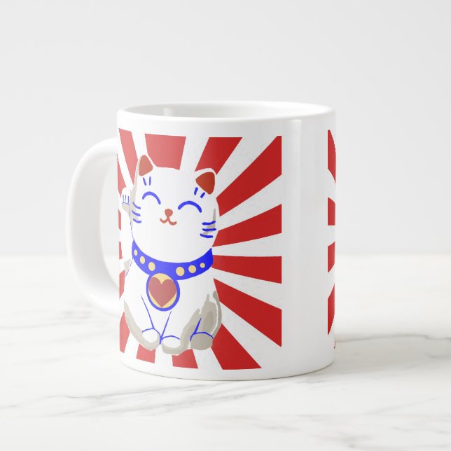 Lucky cute neko cat on rising sun giant coffee mug (Front Left)