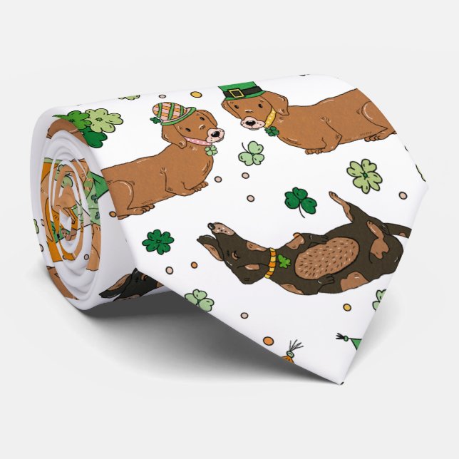 Lucky Dogs Dachshunds Clovers St. Patrick's Day Neck Tie (Rolled)
