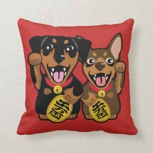Lucky Dogs - Min Pin Art Illustration Throw Pillow