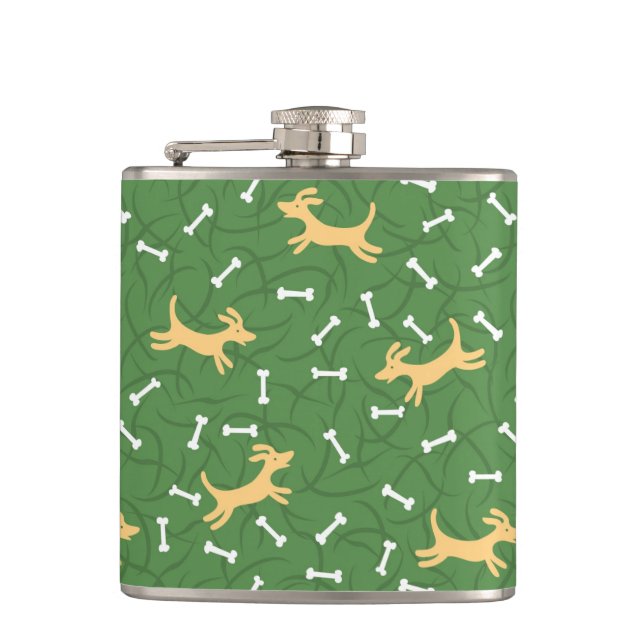 lucky dogs with bones background hip flask (Front)