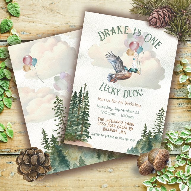 Lucky Duck watercolor Turning One Birthday Party Invitation (Creator Uploaded)