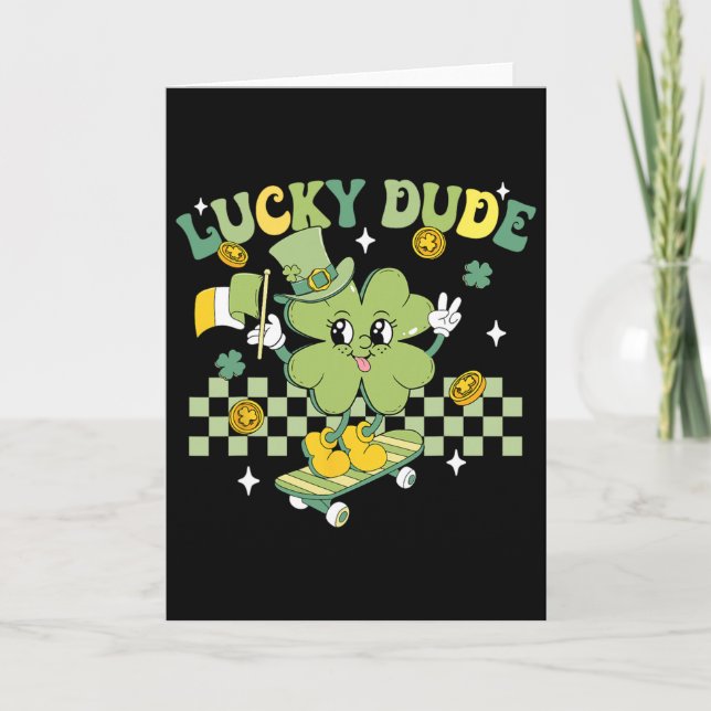 Lucky Dude Funny St Patrick's Day Kid Skateboardin Card (Front)
