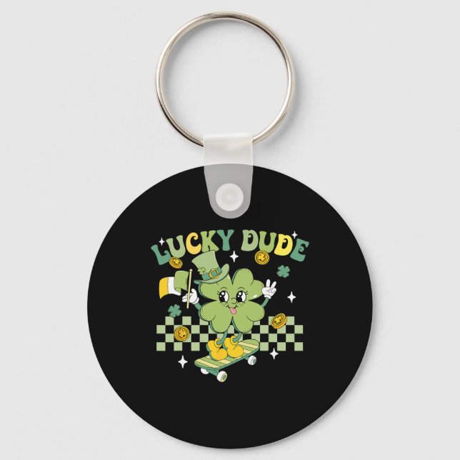 Lucky Dude Funny St Patrick's Day Kid Skateboardin Keychain (Front)