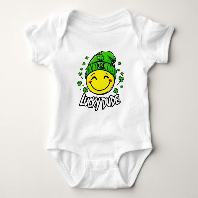Lucky Dude Smile Face St. Patrick’s Day Baby Bodysuit (Front)