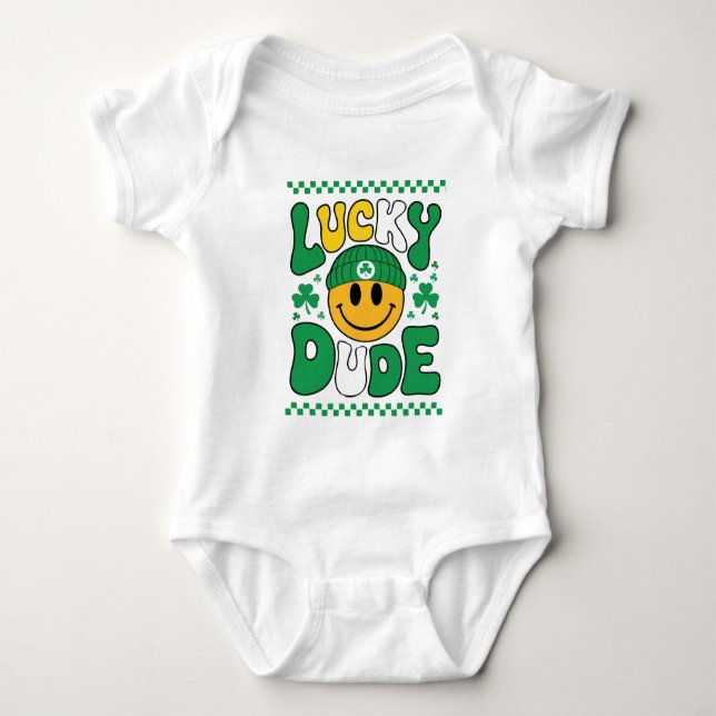 Lucky Dude Smile Face St. Patrick’s Day Baby Bodysuit (Front)