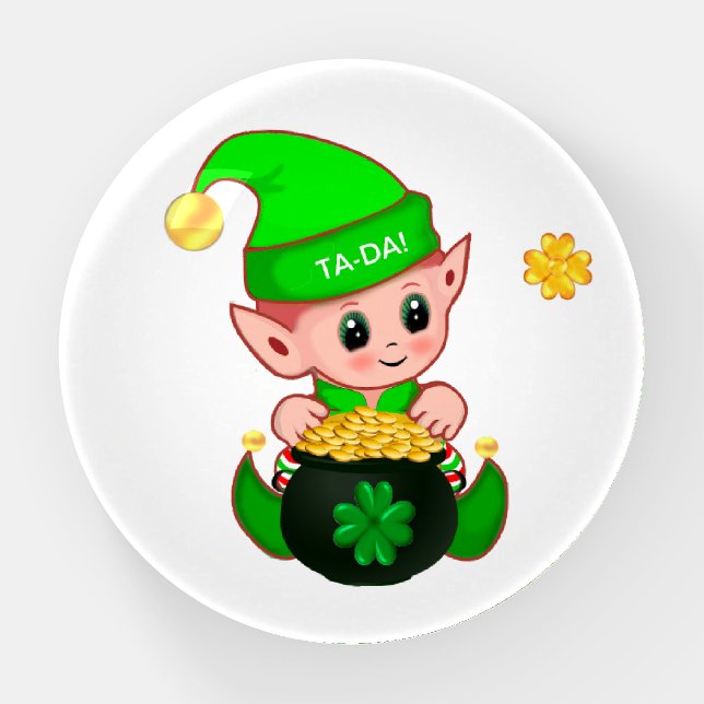 Lucky elf, gold coins & golden clover paperweight (Front)