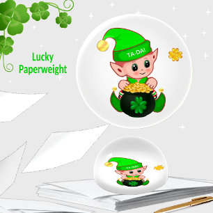 Lucky elf, gold coins & golden clover paperweight