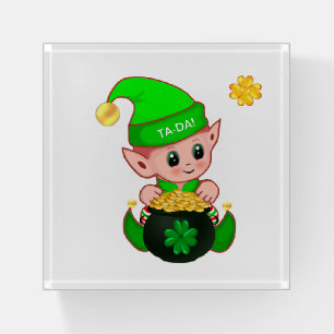 Lucky elf, gold coins & golden clover paperweight