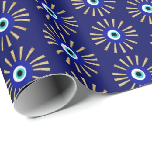 Lucky Evil Eye Talisman Blue and Gold Wrapping Paper