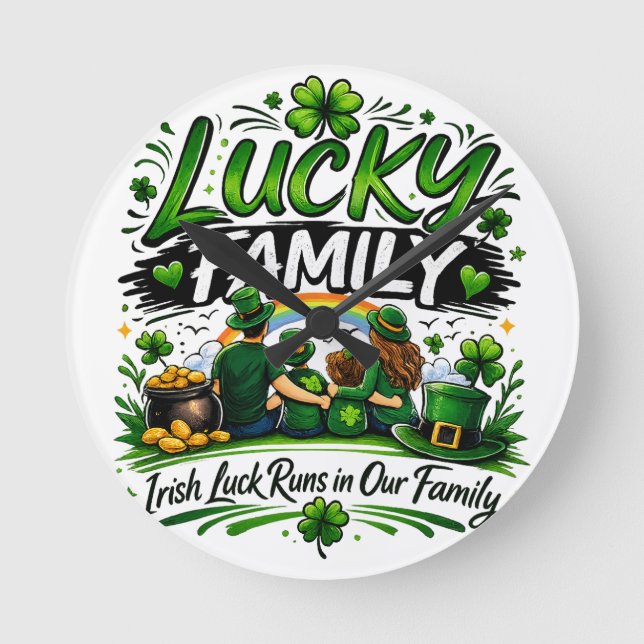 Lucky Family Squad Irish Shamrock St Patrick’s Day Round Clock (Front)