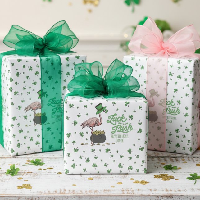 Lucky Flamingo Green Shamrock Wrapping Paper (Funny Flamingo St Patrick's Day Wrapping Paper. Luck of the Irish Green Shamrocks Lucky Gold Coins)