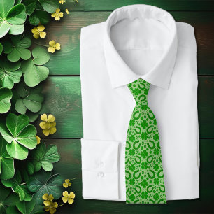 Lucky Four Leaf Clover and Horseshoe Pattern Neck Tie