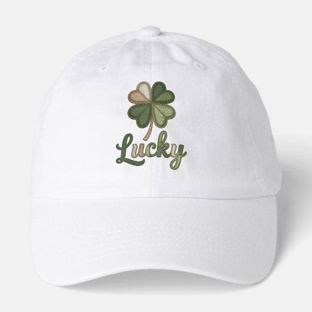 Lucky Four Leaf Clover Faux Patchwork Hat Cap (Front)