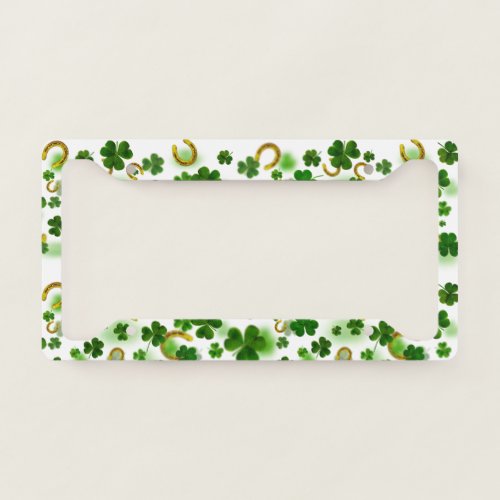 Lucky Four Leaf Clover Gold Horseshoe Auto License Plate Frame