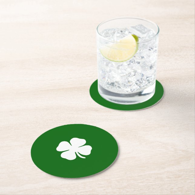 Lucky Four Leaf Clover Green Irish Shamrock Round Paper Coaster (Insitu)