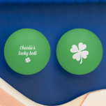 Lucky four leaf clover green ping pong ball<br><div class="desc">Green ping pong ball featuring a lucky,  white four-leaf clover. On the back is another clover leaf and customizable text "Name's lucky ball".</div>