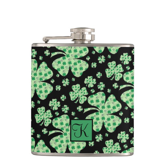 Lucky Four Leaf Clover St. Patrick Gift Monogram Flask (Front)