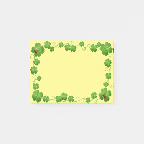 Lucky Four_Leaf Clovers  Ladybugs on Yellow Post_it Notes