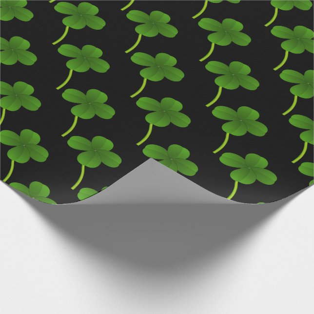 Lucky Four Leaf Clovers on Black Wrapping Paper (Corner)