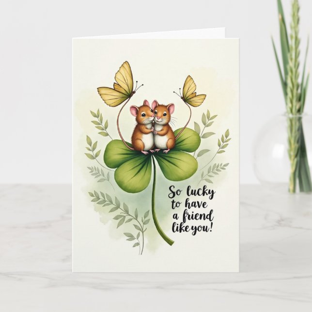 Lucky Friend Mice Clover Card (Front)