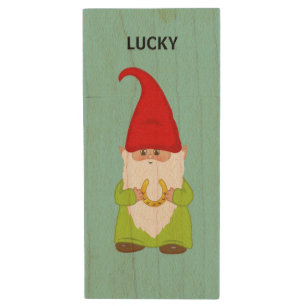 Lucky funny gnome  on light blue wood flash drive
