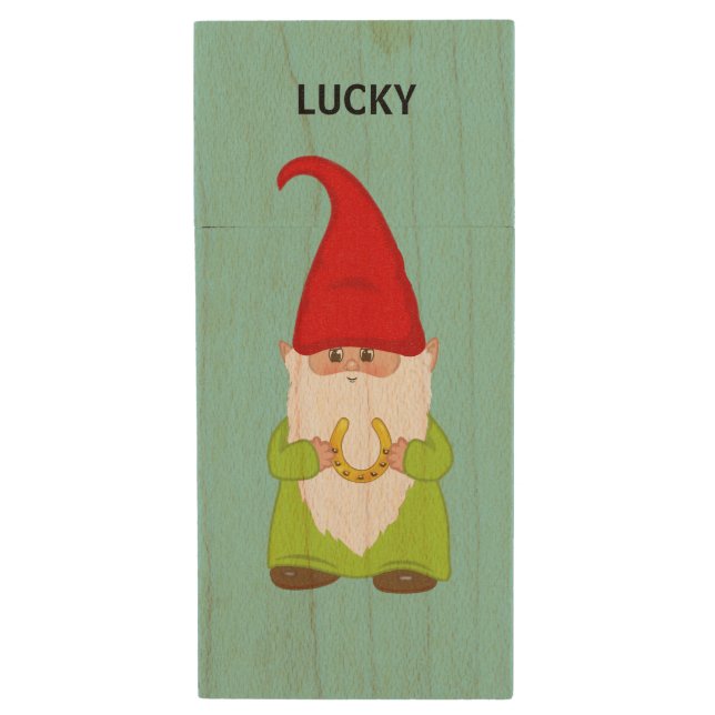 Lucky funny gnome  on light blue wood flash drive (Front Vertical)