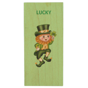 Lucky funny leprechaun on light green wood flash drive