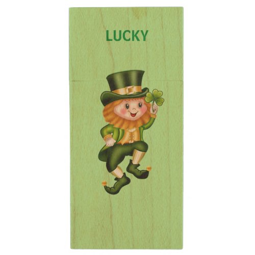 Lucky funny leprechaun  on light green wood flash drive