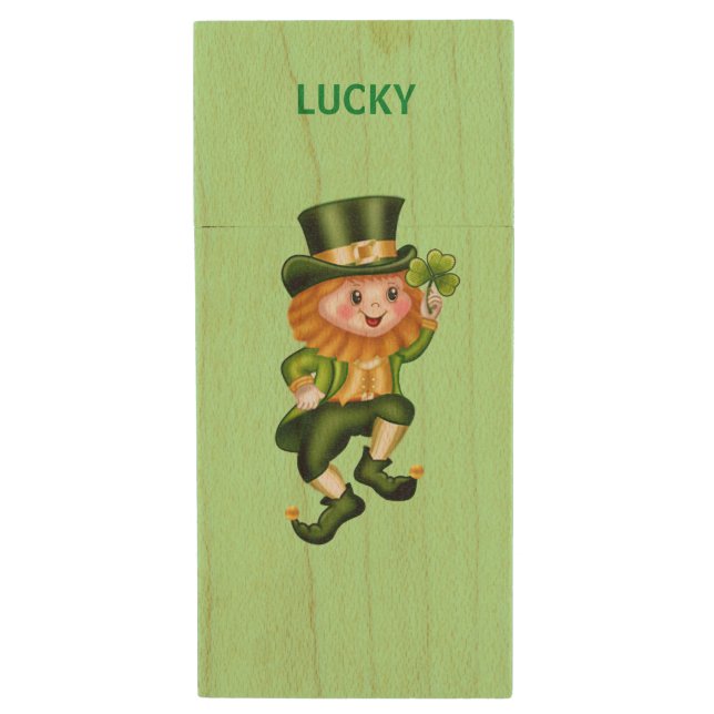 Lucky funny leprechaun  on light green wood flash drive (Front Vertical)