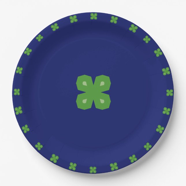 Lucky Geometric Four-Leaf Clovers on Blue Paper Plates (Front)