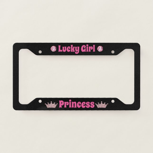 Lucky Girl Princess on Black License Plate Frame (Front)