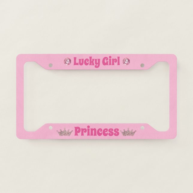 Lucky Girl Princess on Pink License Plate Frame (Front)