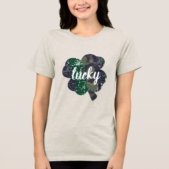 Lucky Glitter & Camo Shamrock St. Patrick's Day Tri-Blend Shirt (Front)