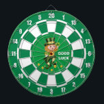 Lucky Gnome with Gold Confetti on Emerald Green Dart Board<br><div class="desc">Lucky gnome with gold confetti on emerald green and white Dart Board. Text can be personalized.</div>