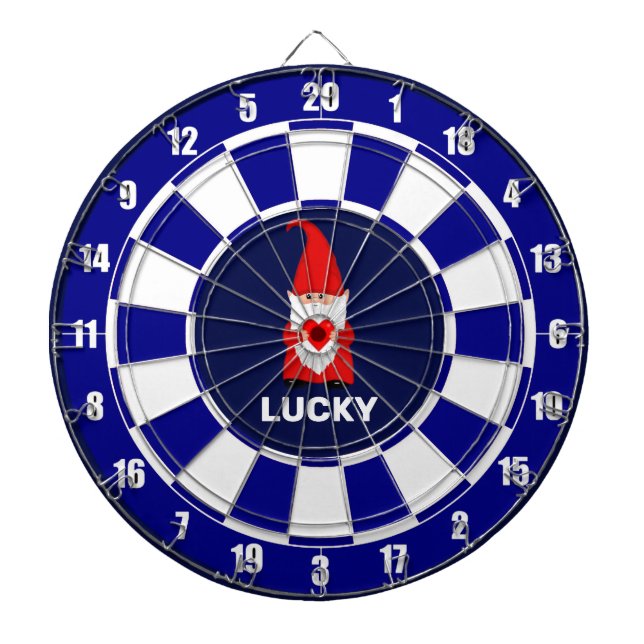 Lucky Gnome with Heart on Blue & White Dart Board (Front)