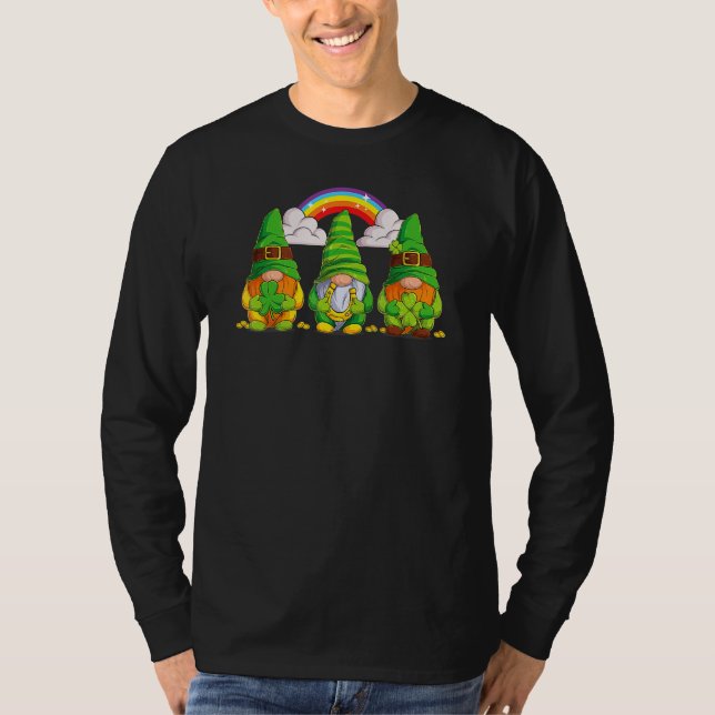 Lucky Gnomes Holding Shamrock Clover And Horseshoe T-Shirt (Front)
