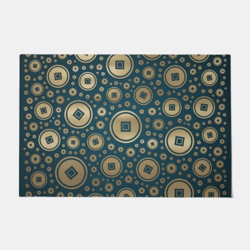 Lucky Gold Chinese coins pattern on dark teal Doormat