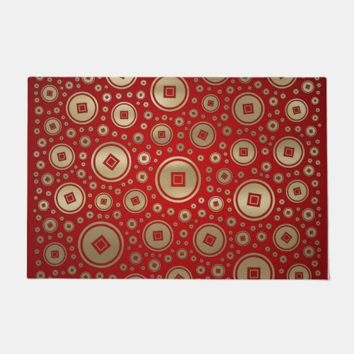 Lucky Gold Chinese coins pattern on red Doormat