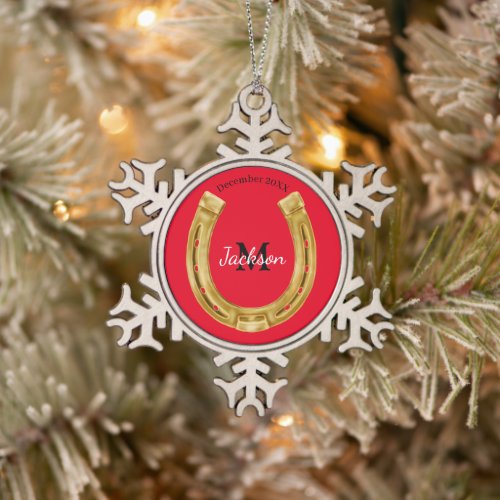 Lucky gold horseshoe  snowflake pewter christmas ornament