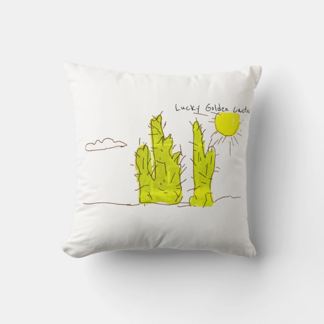 Lucky Golden Cactus Doodle Funky Throw Pillow (Front)