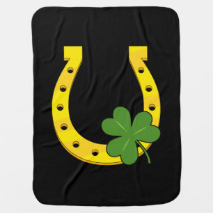 Lucky Golden Horseshoe with Shamrock on Black Baby Blanket