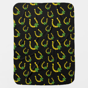 Lucky Golden Horseshoe with Shamrock on Black Baby Blanket