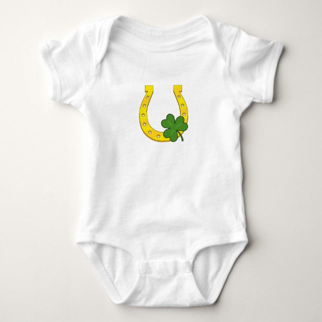 Lucky Golden Horseshoe with Shamrock on Black Baby Bodysuit (Front)