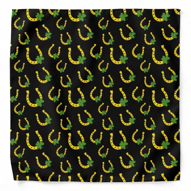 Lucky Golden Horseshoe with Shamrock on Black Bandana (Front)