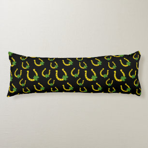 Lucky Golden Horseshoe with Shamrock on Black Body Pillow