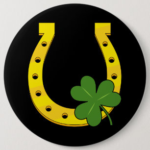Lucky Golden Horseshoe with Shamrock on Black Button