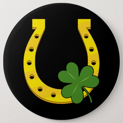 Lucky Golden Horseshoe with Shamrock on Black Button
