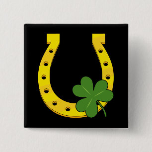Lucky Golden Horseshoe with Shamrock on Black Button