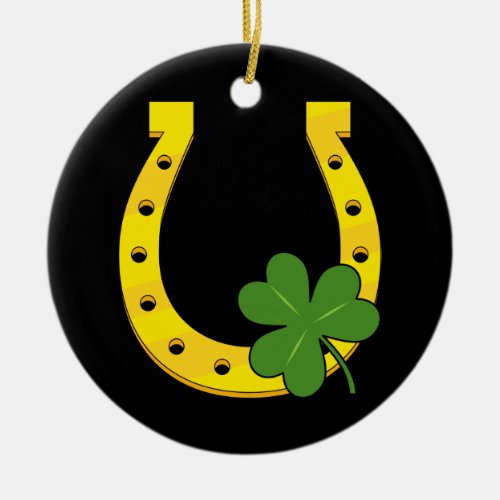 Lucky Golden Horseshoe with Shamrock on Black Ceramic Ornament